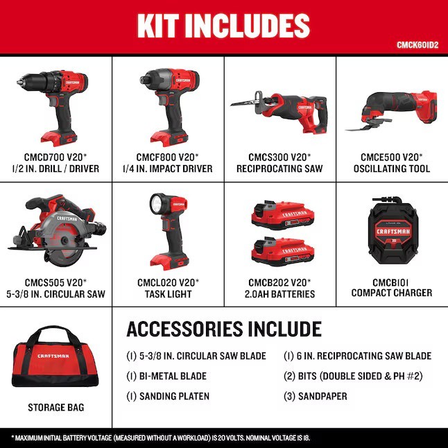 CRAFTSMAN CMCK601D2 V20 20-volt Max 6-Tool Power Tool Combo Kit with Soft Case gallery