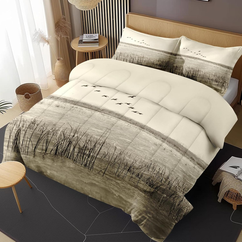 Comforter Set with 2 Pillowcases Queen Size, Wild Birds Duck Lake Hunter, Beddin gallery