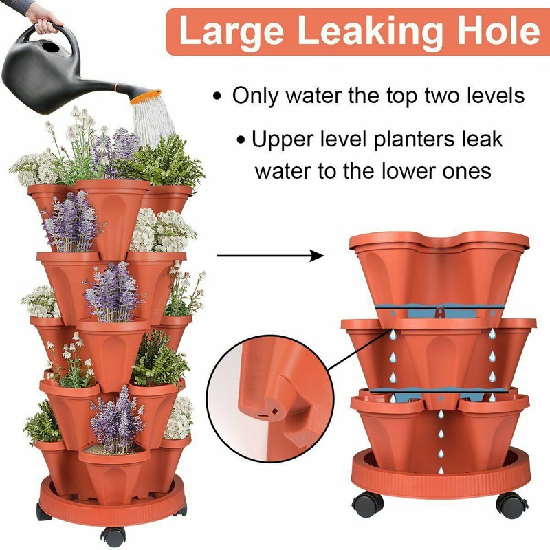 5 Tier Stackable Planters Vertical Planter Garden Tower Pots with Wheels & Tools gallery