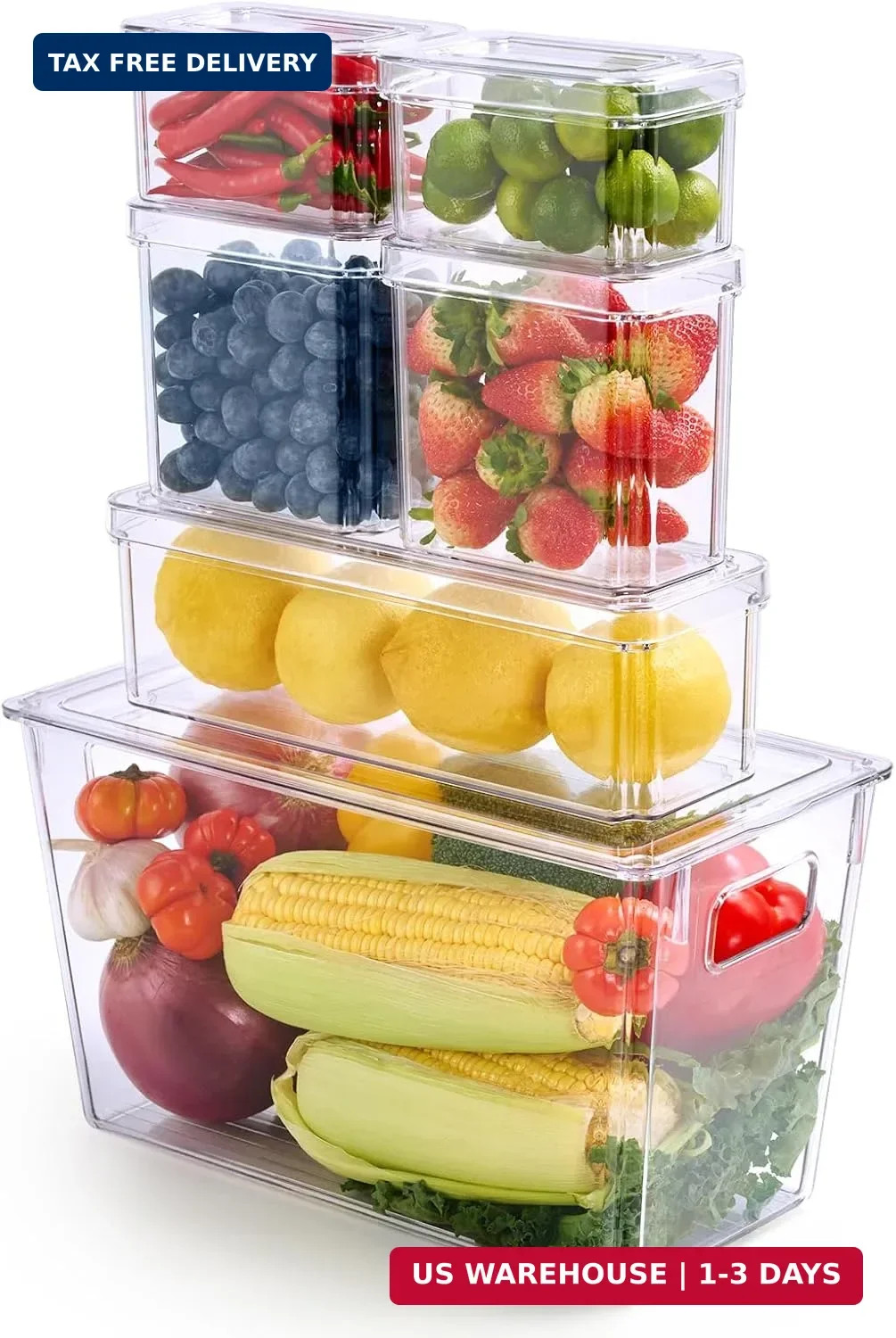 6 Pcs Fridge Organizer Bins Stackable Clear Lid BPA Free Fruit Vegetable Storage gallery