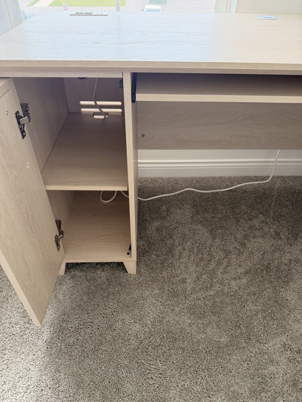 L-Shaped Corner Computer Desk, Light Wood Tone, 3 Drawers, Beige gallery