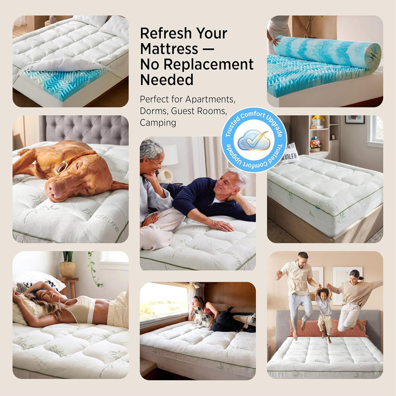 5 Inch Memory Foam Mattress Topper Queen Dual Layer Bamboo Cover Flippable White gallery