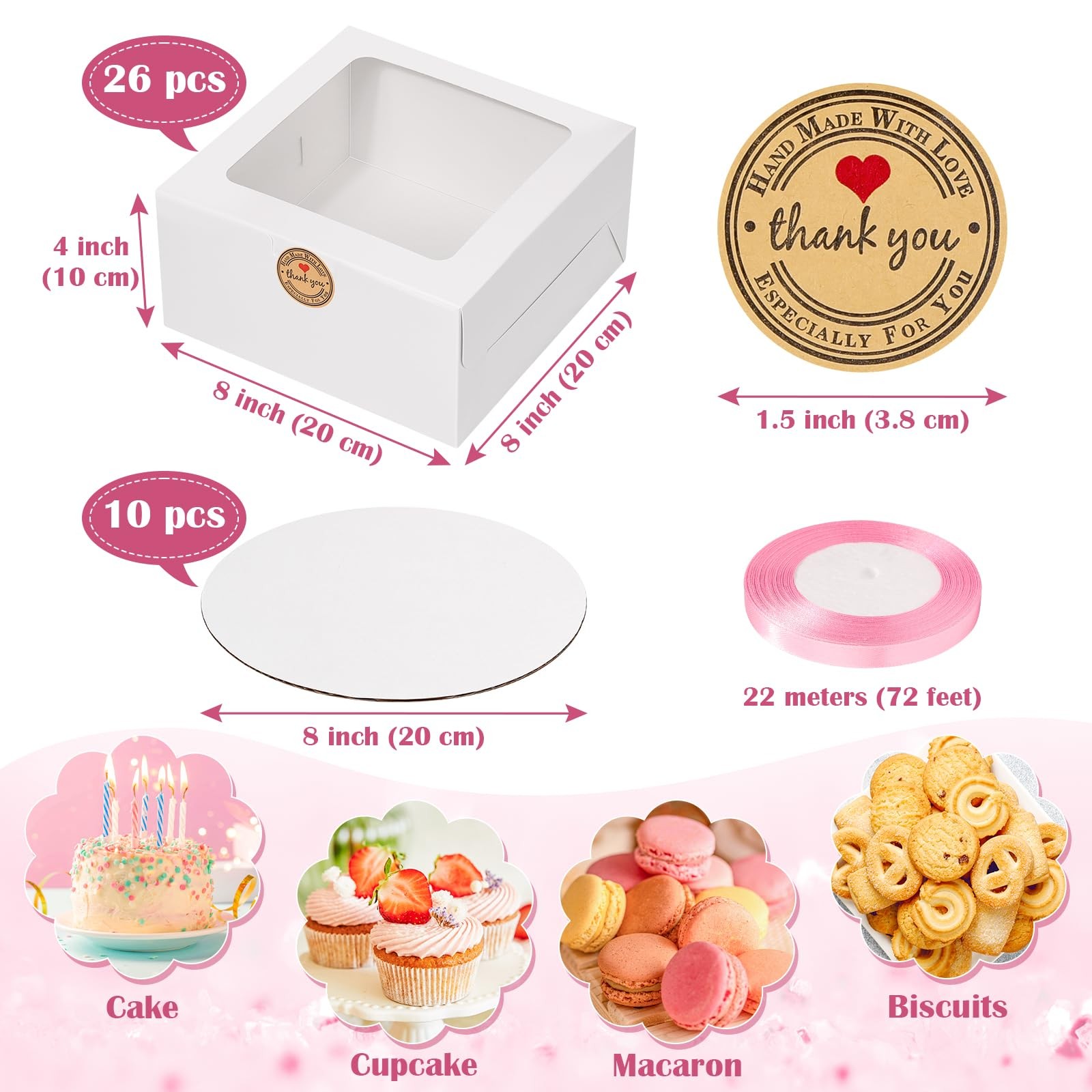 26 PCS 8x8x4 Inch White Bakery Cake Box With Window For Pastry Cookie gallery
