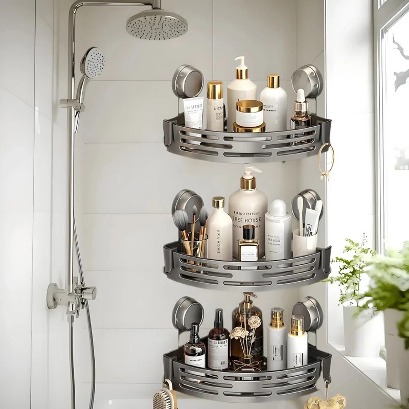 No Drill 3-Tier Corner Shower Caddy, Strong Suction Cup Shelf with Towel Bar & H gallery