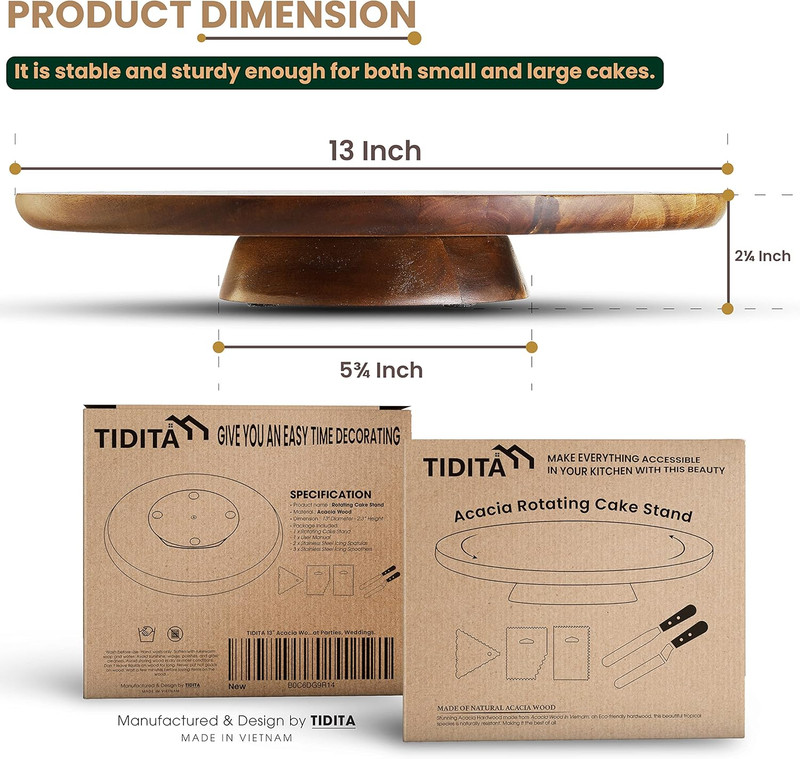 13" Acacia Cake Stand Rotating – Rustic Wood Pedestal Stands Turntable with 2 Ic gallery