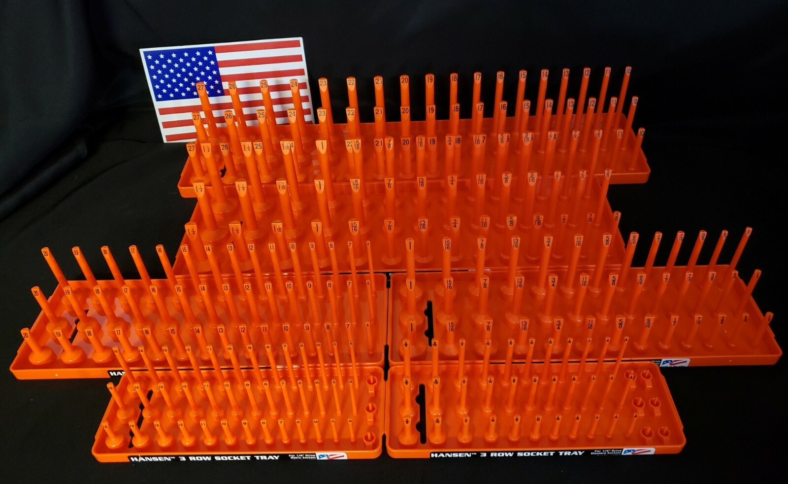 Hansen 3 Row Socket Tray Metric SAE Tool Rack Holders 1/4" 3/8" 1/2" Orange -USA gallery