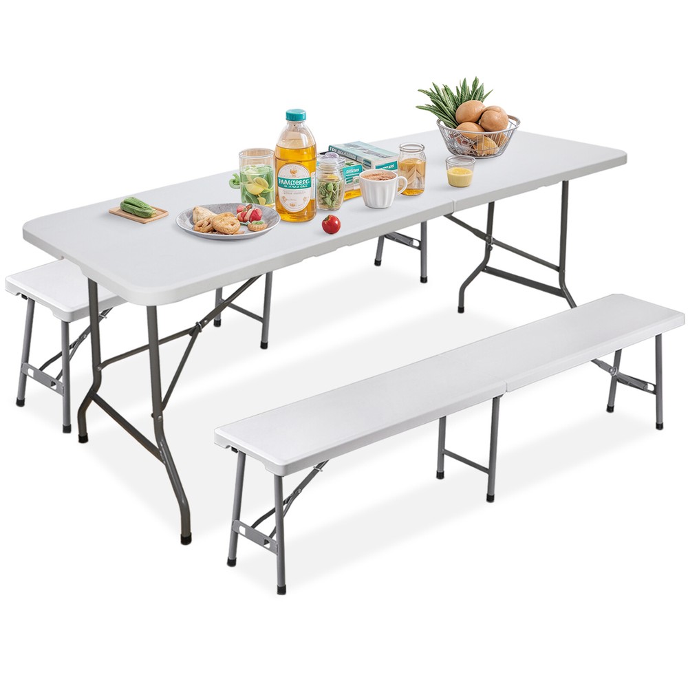 White Folding Table Set with Set of 2 Bench & In/Outdoor Picnic Party Table