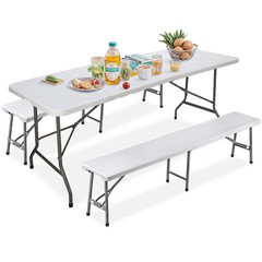 White Folding Table Set with Set of 2 Bench & In/Outdoor Picnic Party Table