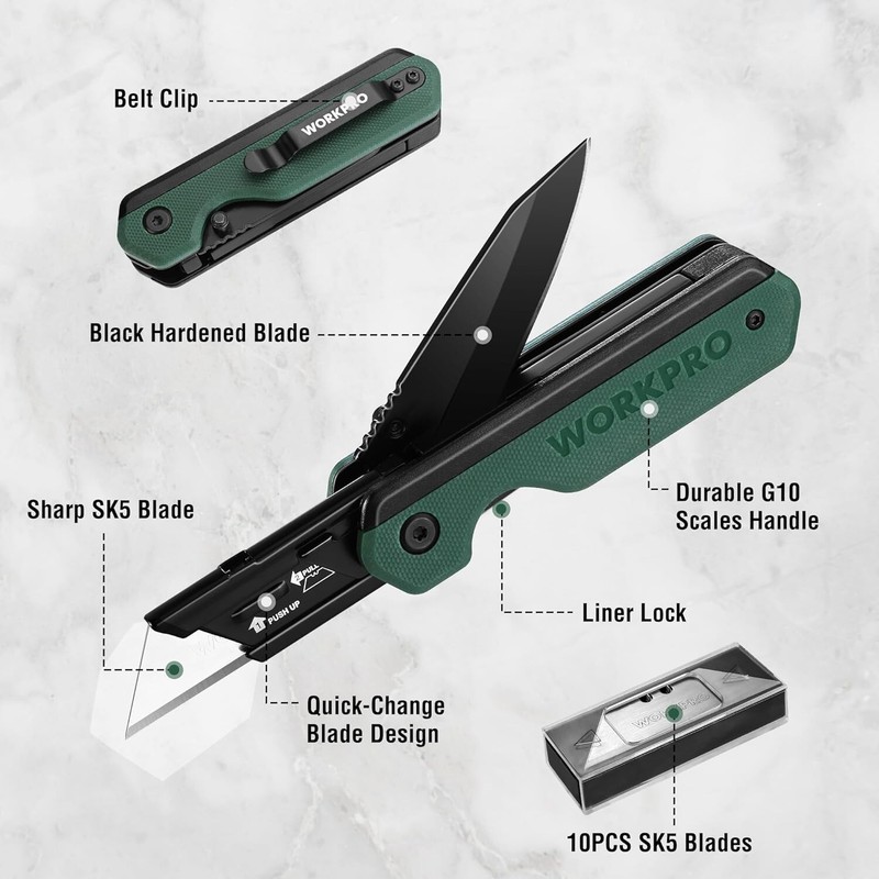 WORKPRO 2-in-1 Folding Knife/Utility Knife Quick-Change Box Cutter 10 SK5 Blades gallery