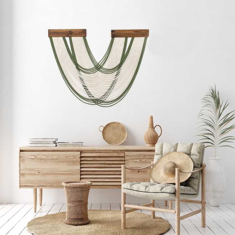 Green Macrame Wall Hanging Macrame Wall Decor, Handmade Beige Yarn Tassel Boh... gallery