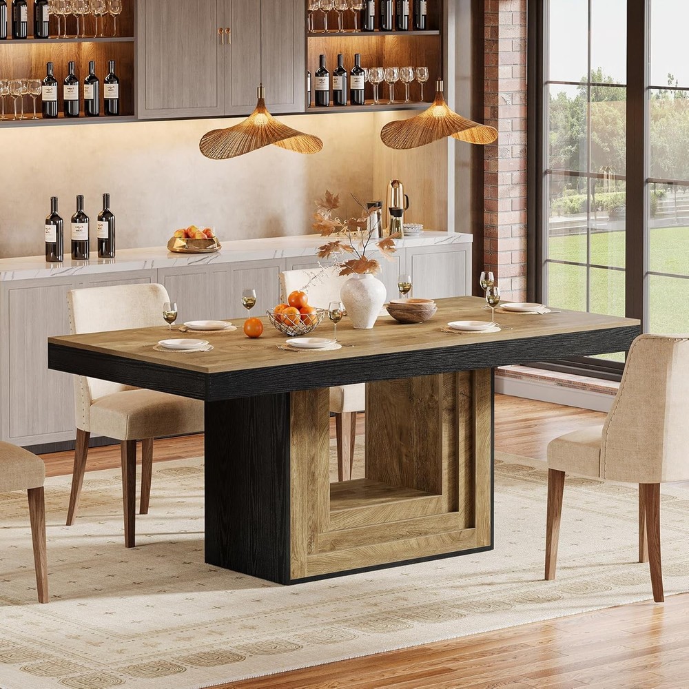 63 Inch Rectangular Dining Table Farmhouse Wooden Kitchen Table for 4-6 People