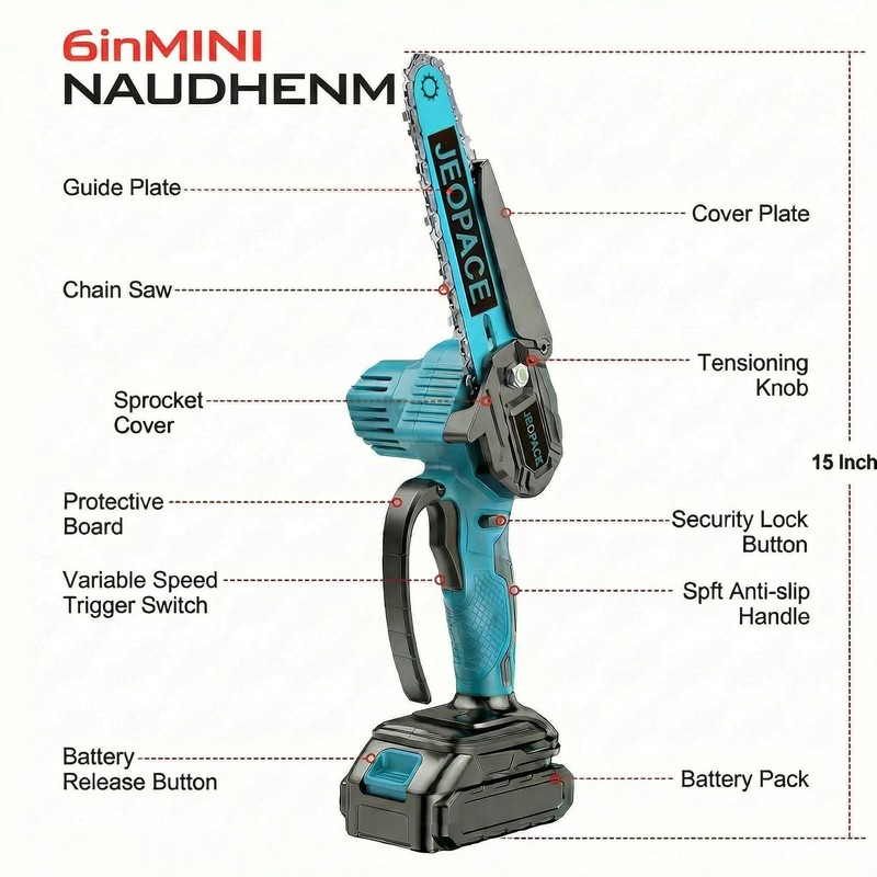 6" Blue Cordless Mini Chainsaw Handheld Electric Pruning Saw with 1 Battery gallery