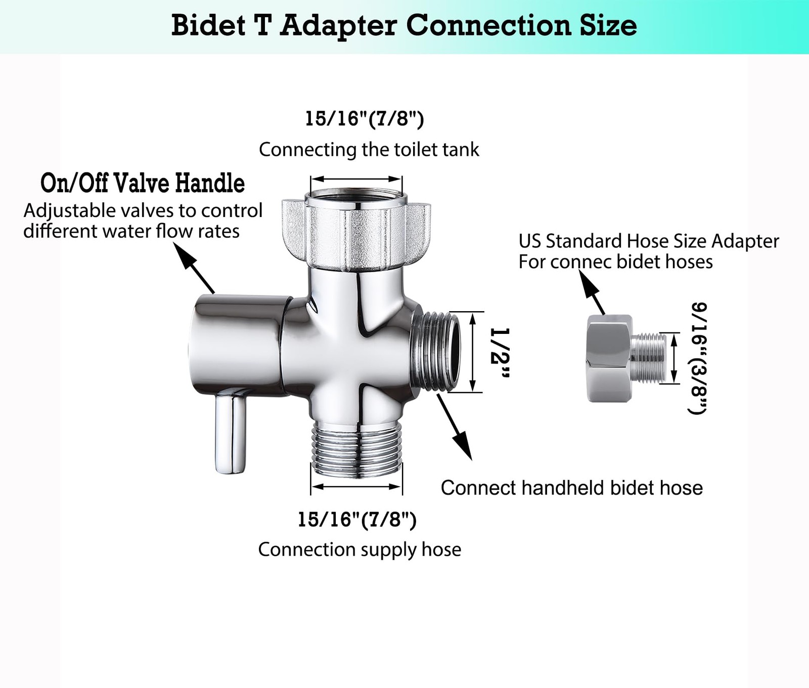 Walkinginrain Bidet T Adapter With Shut off Valve,3 Way 0.875 inches, Chrome gallery