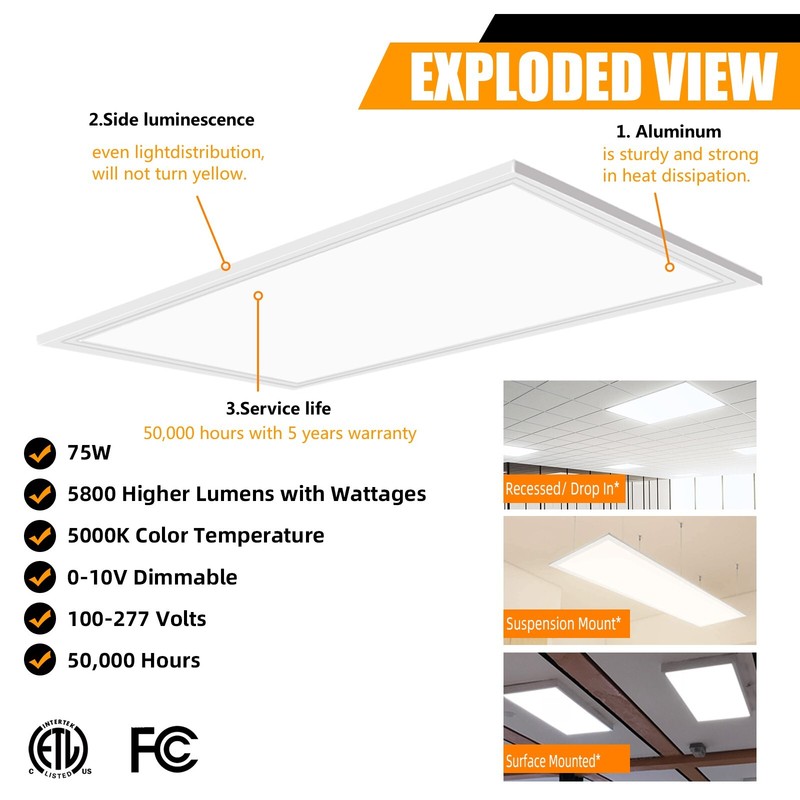 4PCS 2x4FT Drop Ceiling LED Troffer Panel Daylight 5000k Flat Panel Recessed 75W gallery