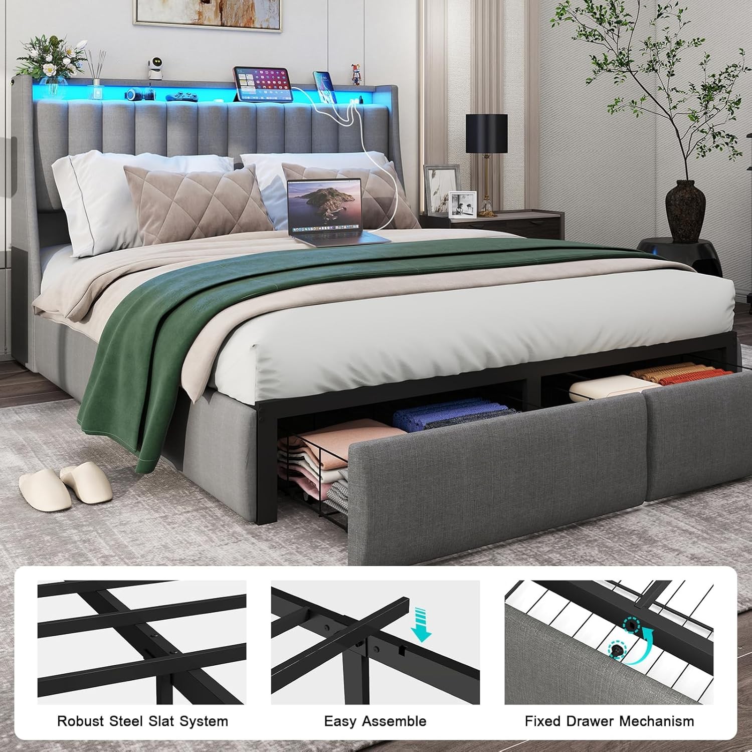 Full Queen Size Bed Frame Upholstered Headboard Platform w/ Storage Drawers gallery