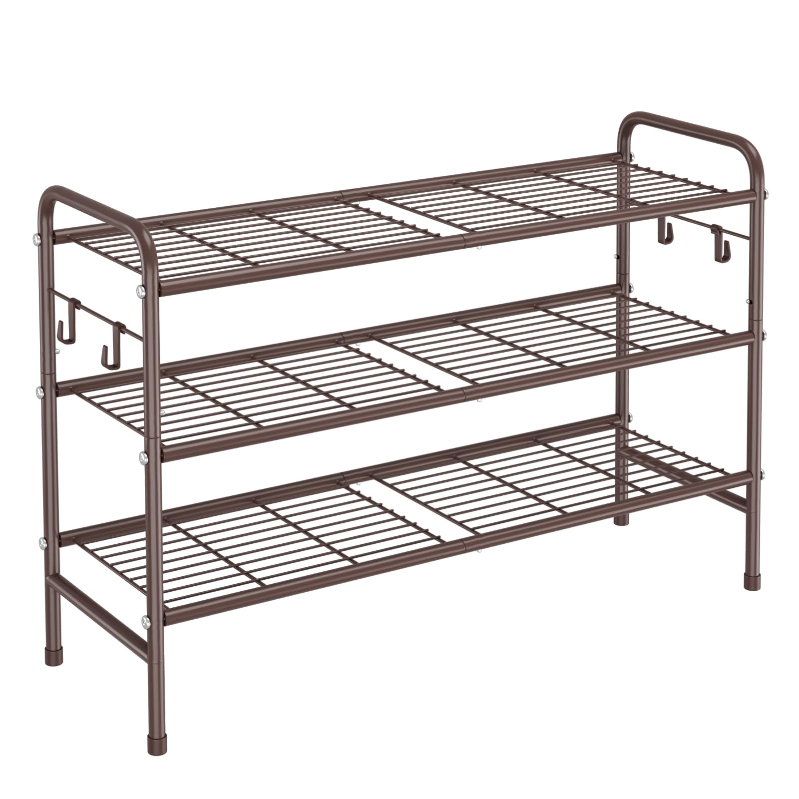 3Tier 33 in Metal Shoe Rack with 4 Side Hooks Entryway Closet Organizer Brown gallery