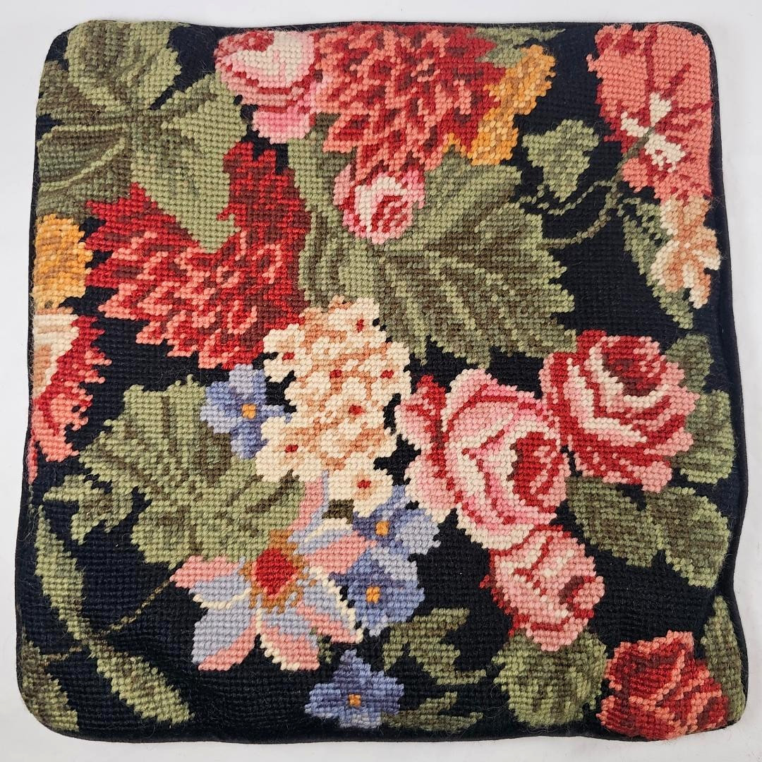 Needlepoint Pillow Cover Black Victorian Style Tapestry Floral Zip 12" by 12" gallery