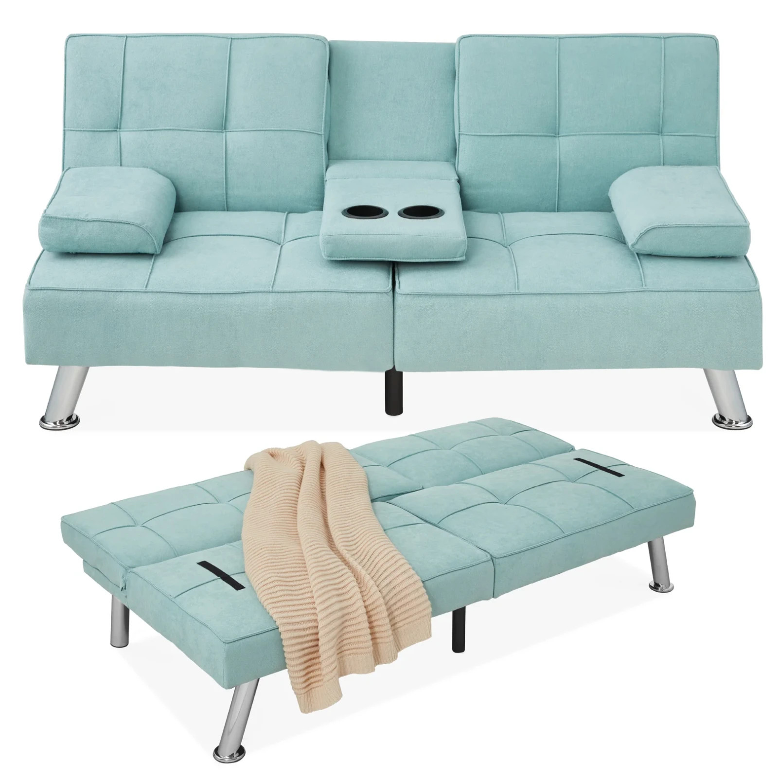 Linen Upholstered Convertible Sofa Bed Futon w/ 2 Cupholders Color Aqua gallery