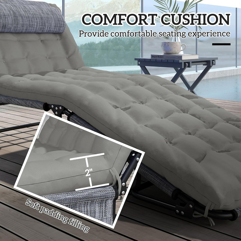Folding Chaise Lounge with 4-Level Reclining Back, Outdoor Tanning Chair with Cu gallery