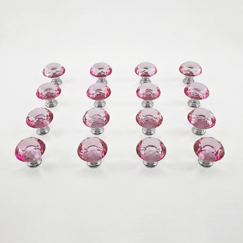 16 Pack Pink Crystal Cabinet Knobs 1.2" Diamond Glass, Girl Vanity Desk Handles, gallery