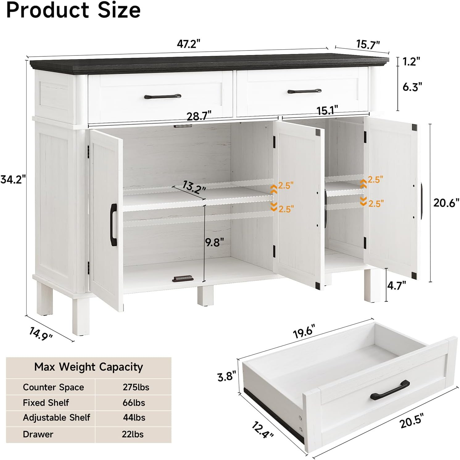 48 Inches Buffet Cabinet with Storage, Farmhouse Sideboard Buffet w/2 Drawers an gallery