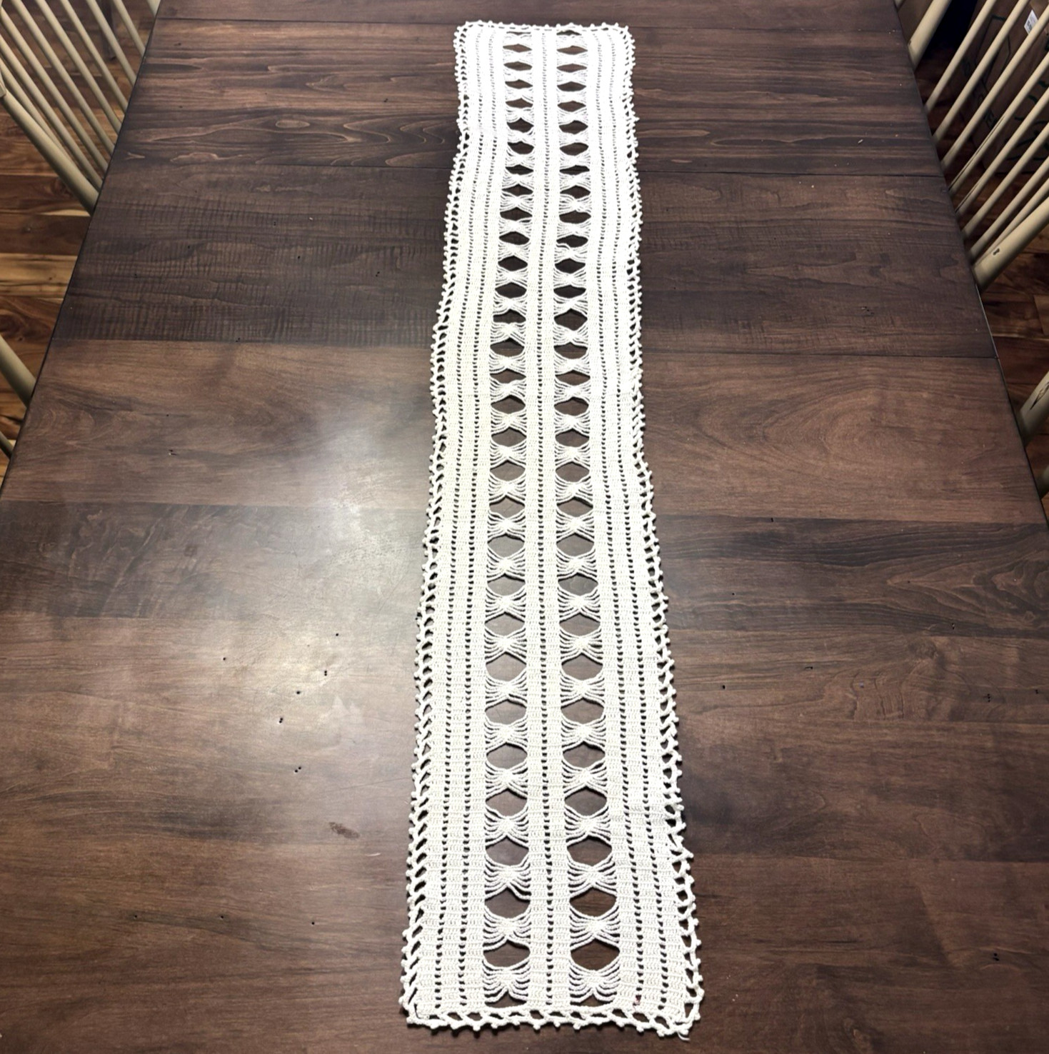 Vtg Crochet Lace Table Runner White Handmade Rectangle Farmhouse Cottage 52x9 gallery