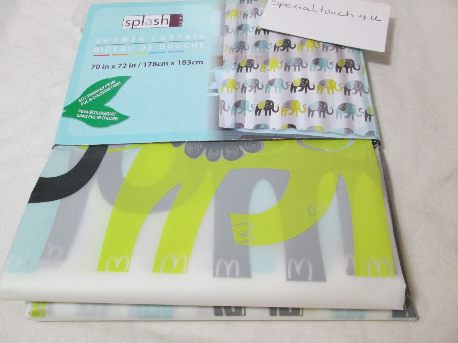 New Splash Home Bath ELEPHANTS Peva Shower Curtain 70x72 Green Blue Black & Gray gallery
