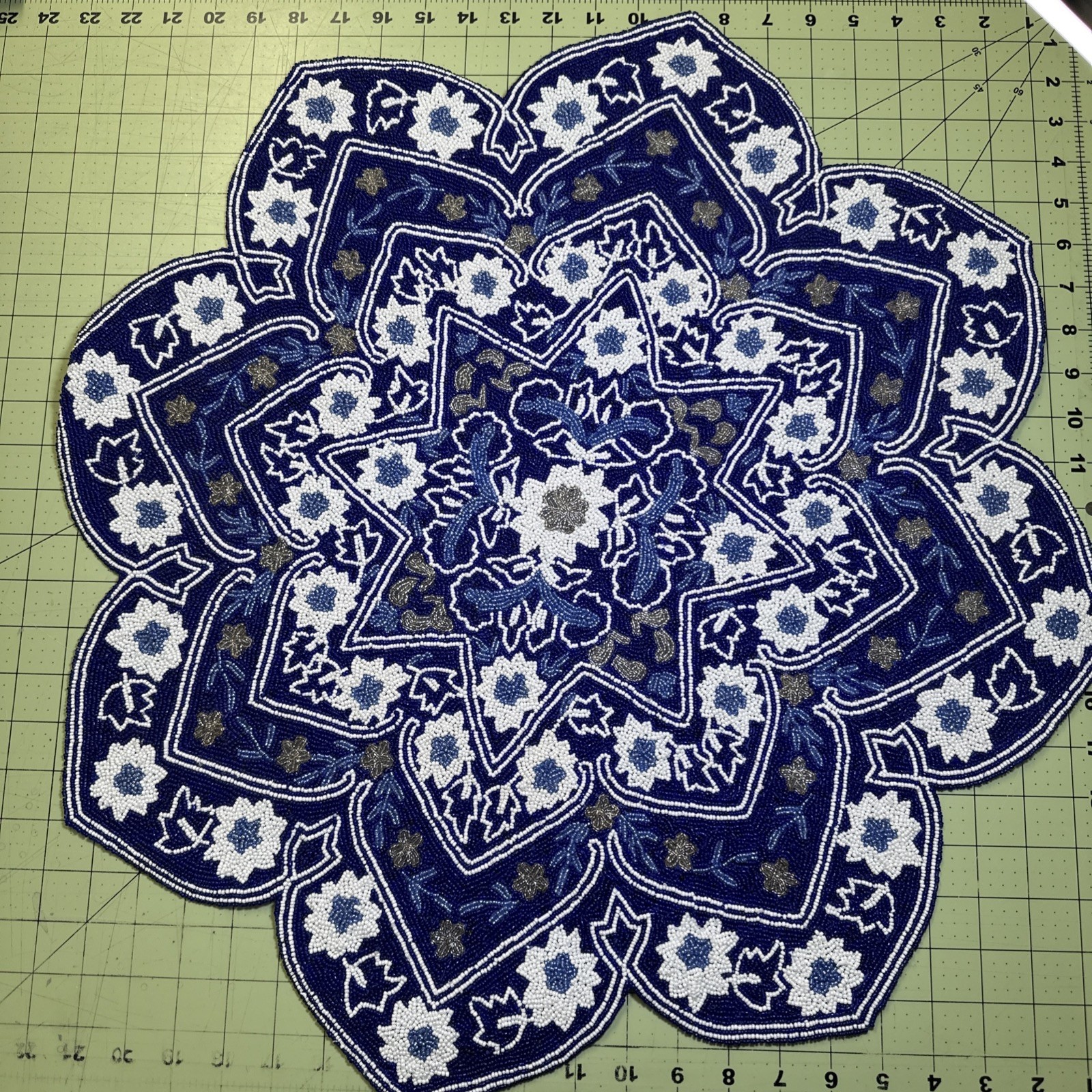 Summer July Bombay Blue & White Bead Table Topper, Mandala, Glass Bead, Petal gallery