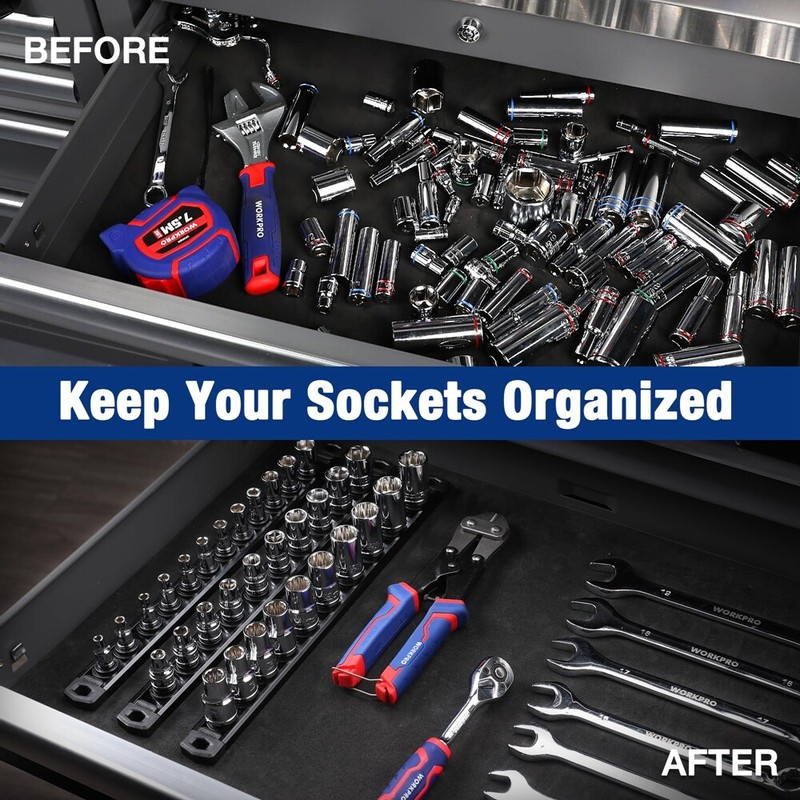 WORKPRO Magnetic Socket Organizer 3/8" Drive Aluminum Alloy Socket Rail 10 Clips gallery