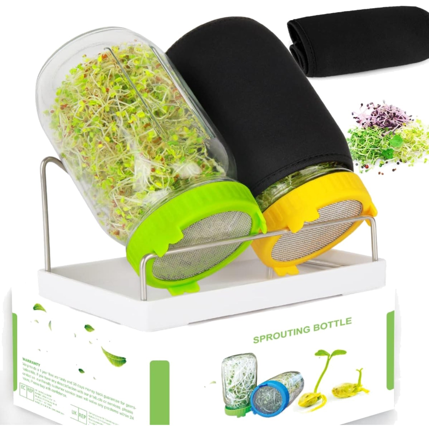 Deluxe Sprouts Growing Kit with 2 Mason Jars, Blackout Sleeves & Drain Tray gallery