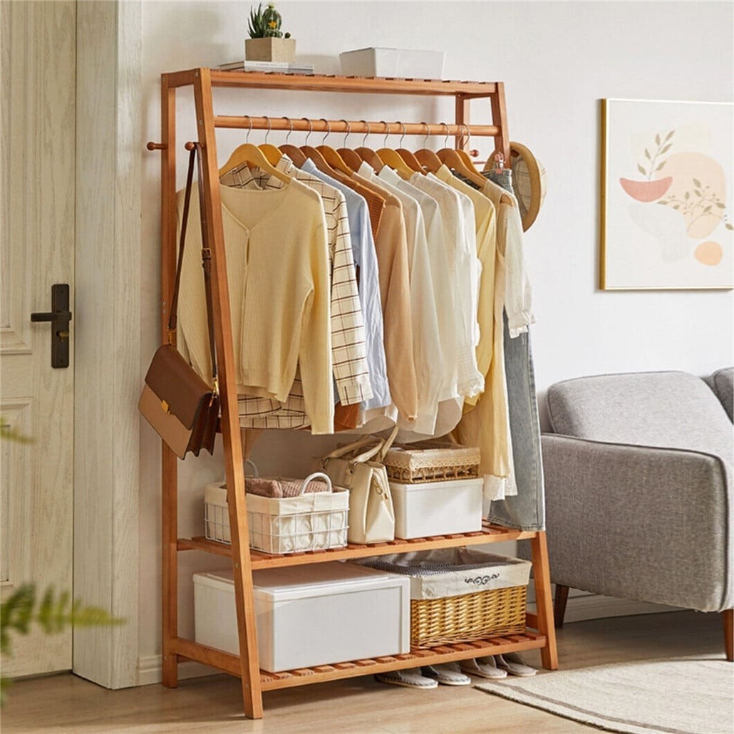 Bamboo Garment Rack Clothes Shelf Shoes Storage with Hooks Brown gallery