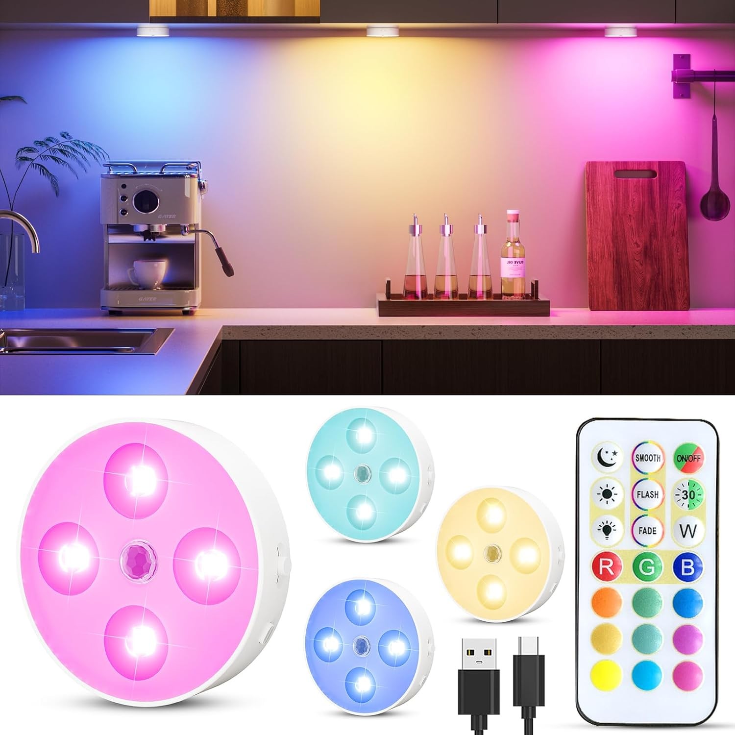 RGB Puck Lights with Remote & Motion – 1500mAh Rechargeable Under Cabinet ... gallery