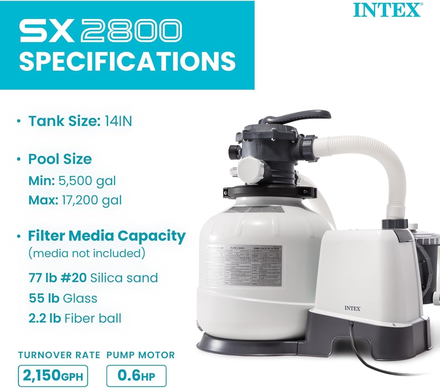 Intex 2,800 GPH Sand Filter Pump – Above Ground Pool, 24H Timer, 17,200 Gal gallery