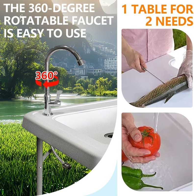 Portable Fish Cleaning Table with Sink C 42.5" Folding Camping Sink Station,Heav gallery