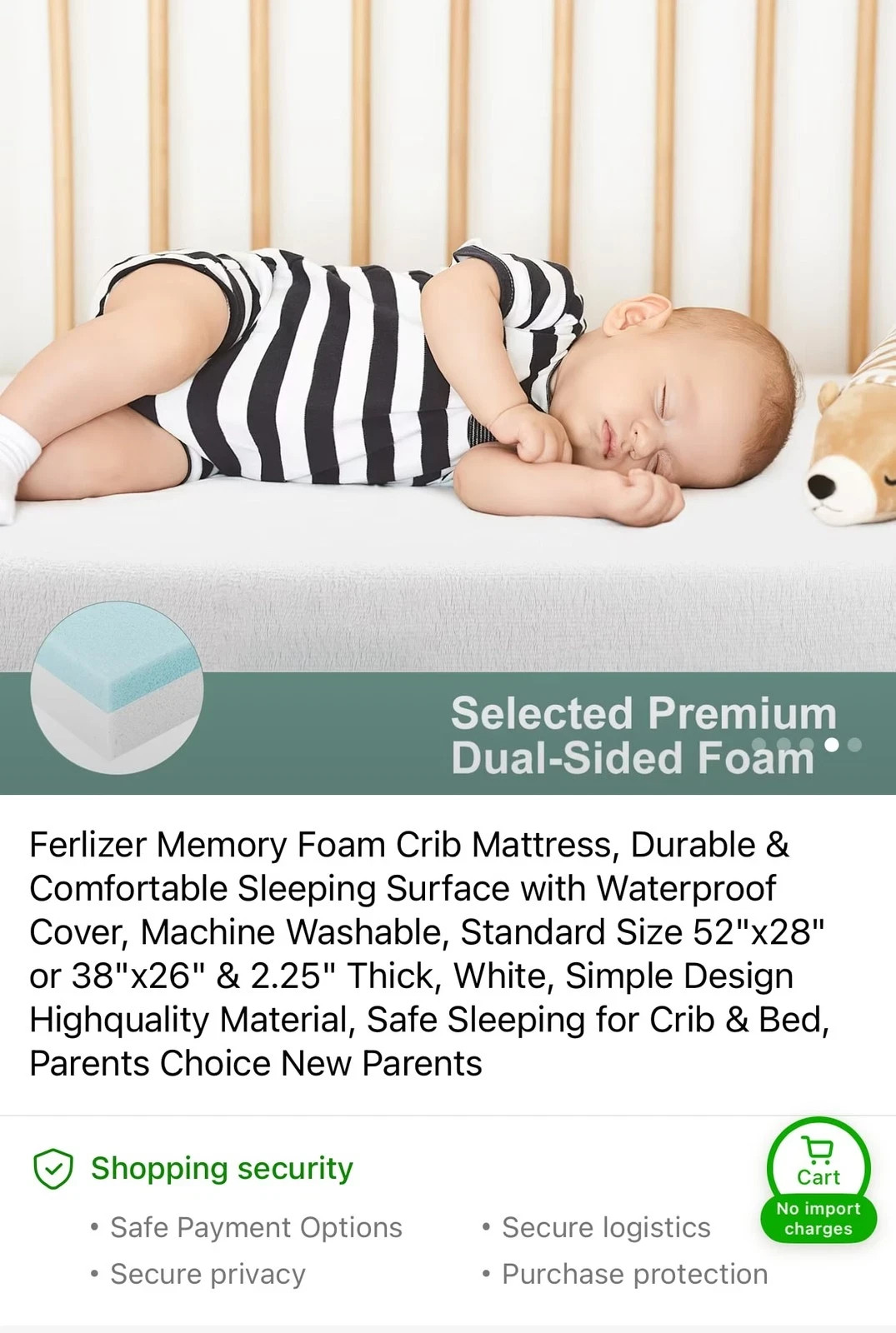 Ferlizer Crib Memory Foam Mattress Topper 52”x 28” 2.25” Single Layer NEW gallery