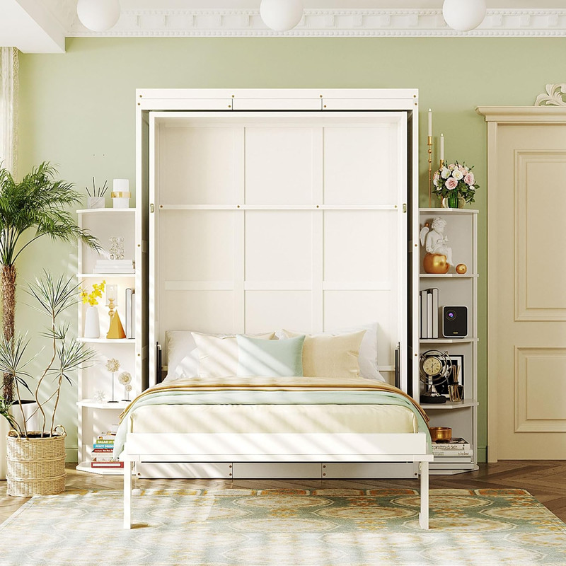 Queen Size Rotating Murphy Bed with Storage & Convertible Desk - White gallery