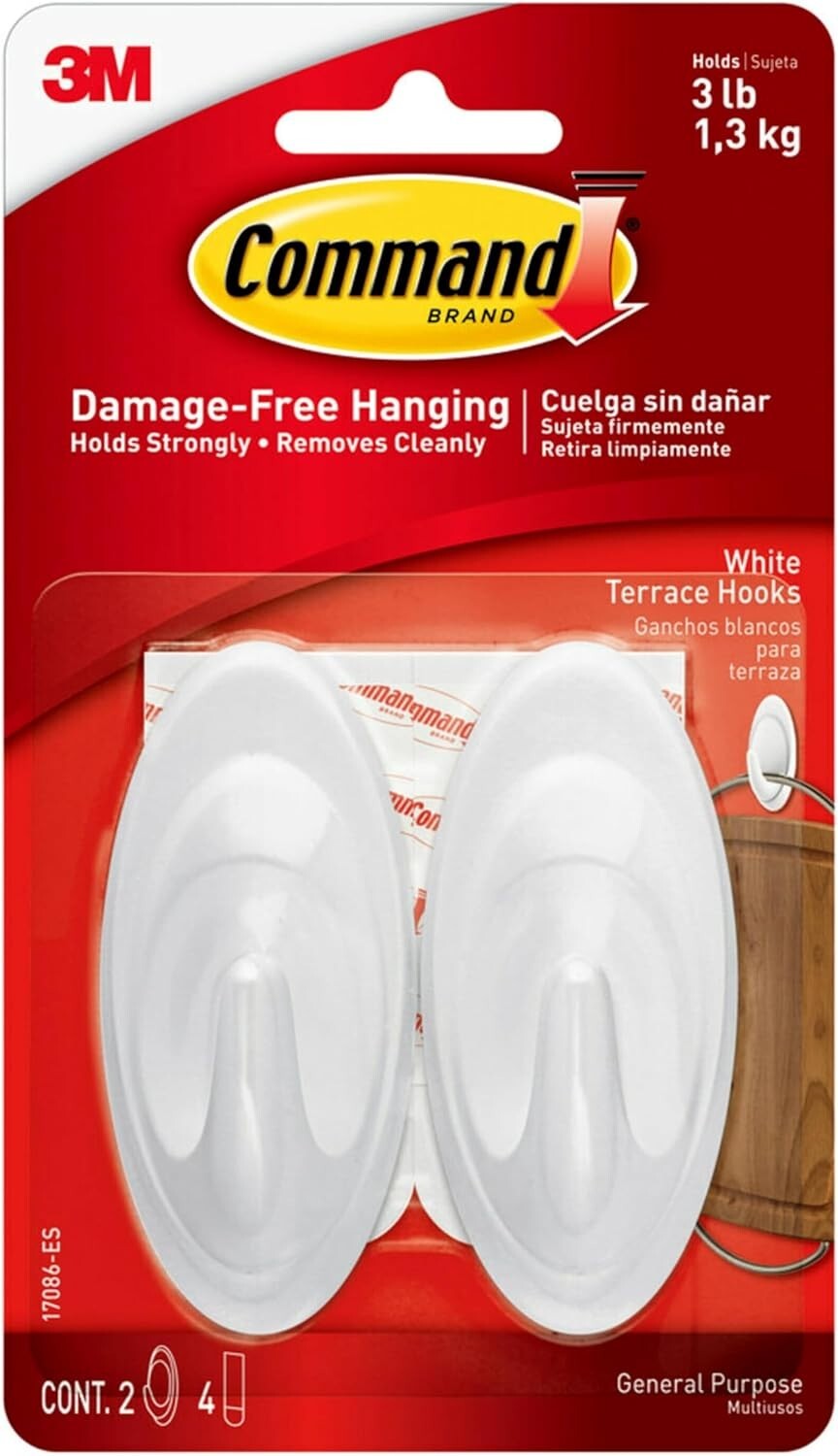 Command White Hooks, 2 Hooks with 4 strips, Holds up to 3 lb, 1 Pack gallery