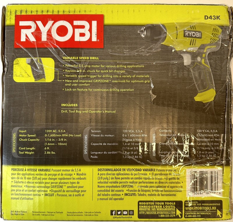 Ryobi 3/8 in Variable Speed Compact Drill Driver Corded With Bag Model D43 gallery