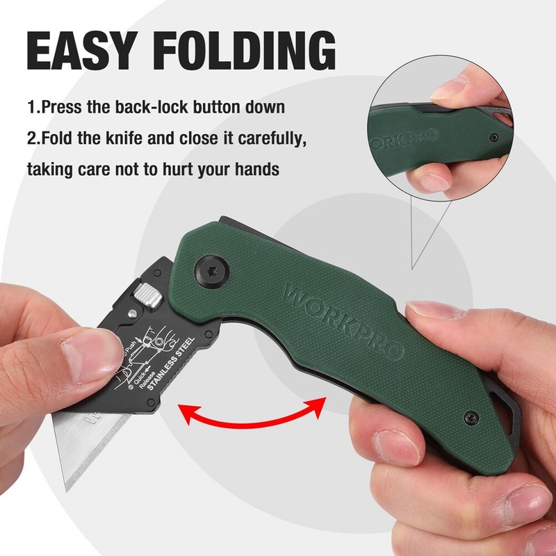 WORKPRO Folding Utility Knife G10 Handle Box Cutter Quick Change Blade 10 Blades gallery