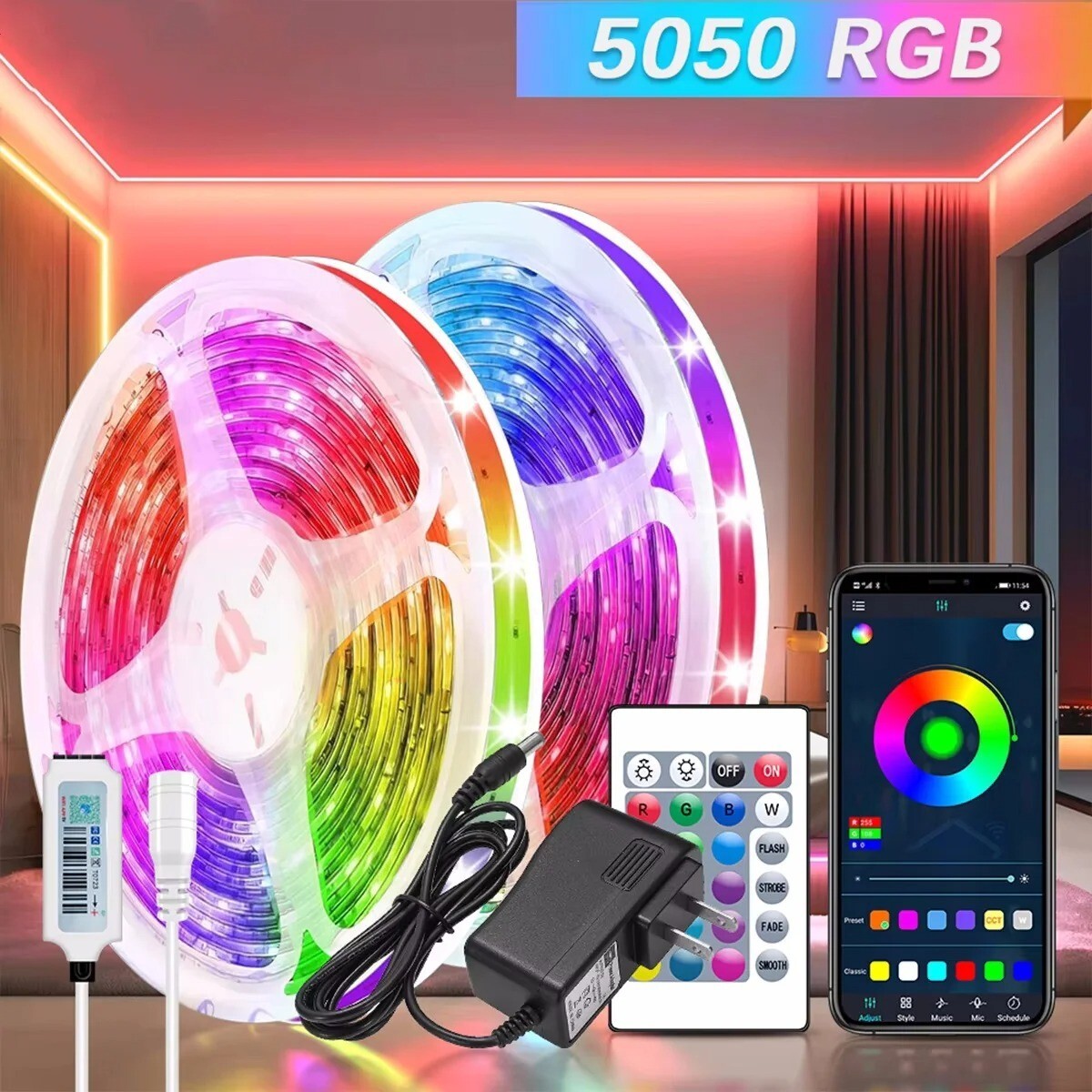 30Ft RGB LED Strip Lights Color Changing and Bluetooth Control for Bedroom Party gallery