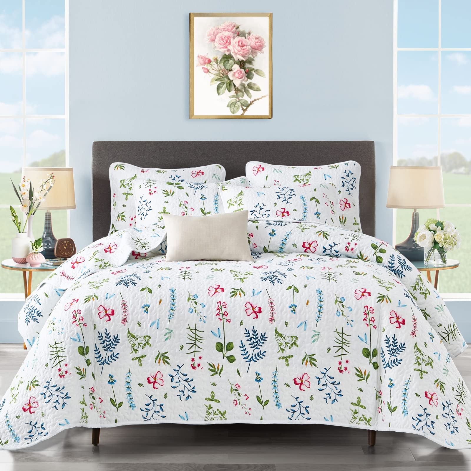 3 Piece Reversible White Quilt Set Queen Size with Blue Green Leaves and Red ... gallery