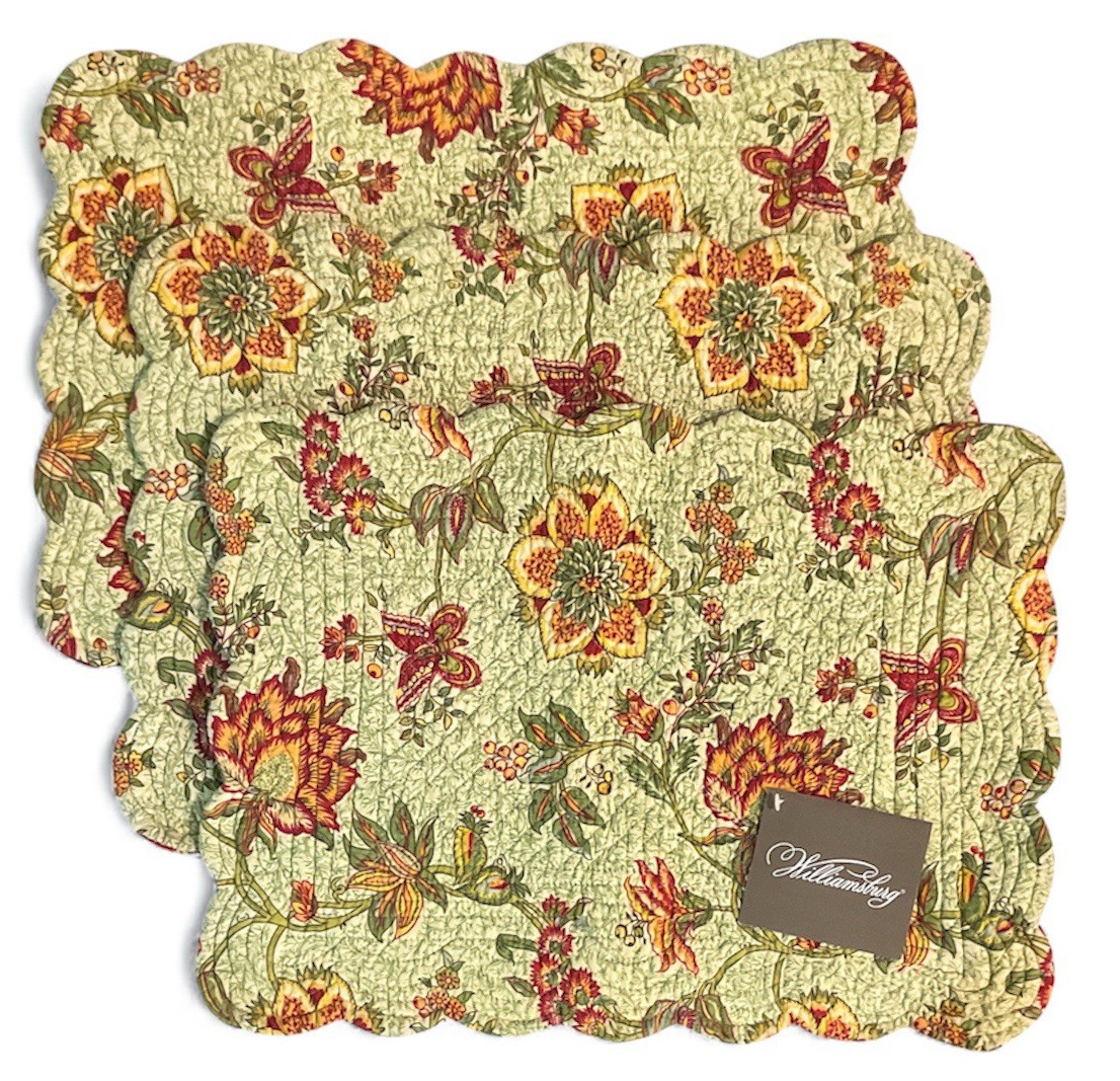 3 Williamsburg Tracery Floral Reversible Rectangular Quilted Placemat Set NWT gallery
