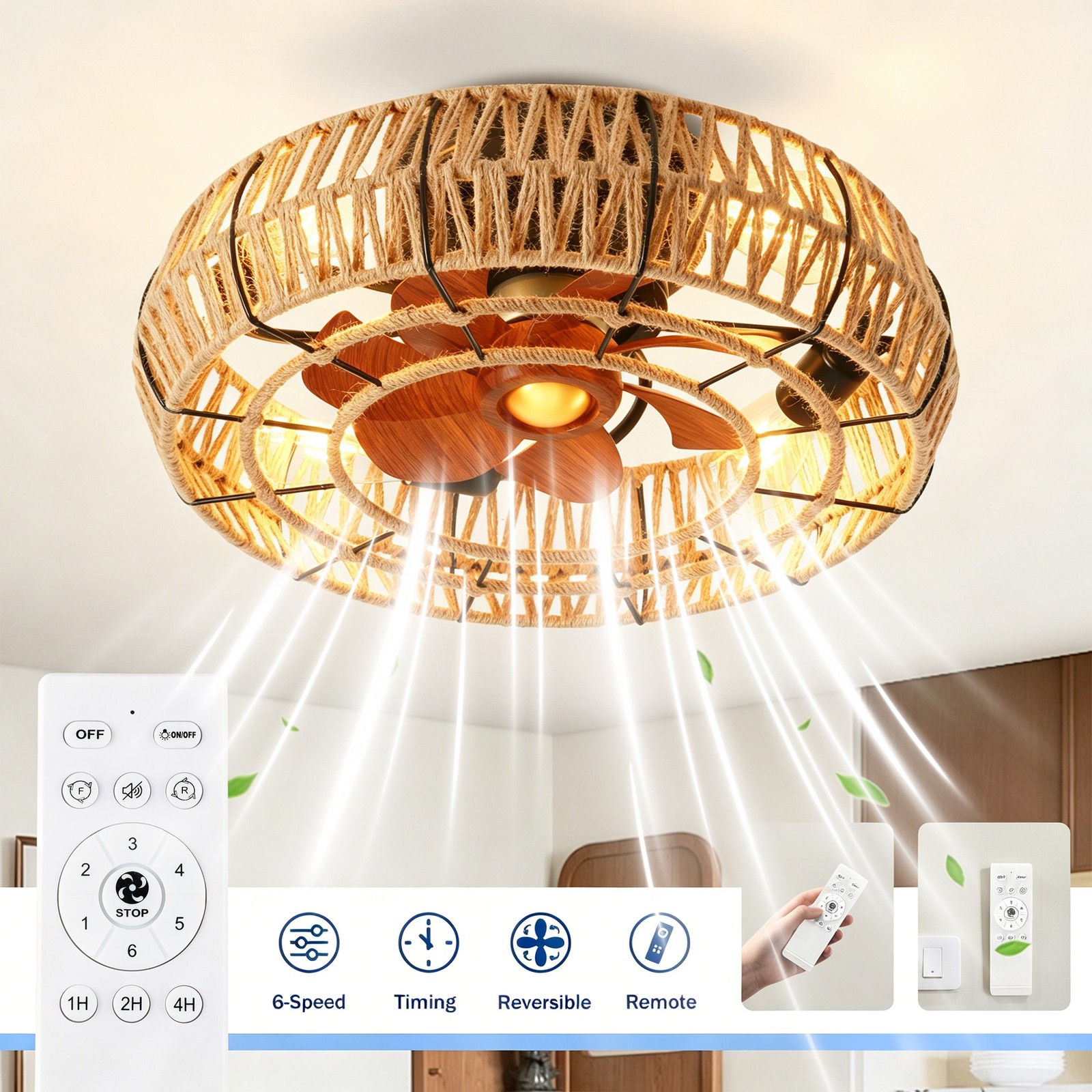 20" Rope Caged Flush Mount Ceiling Fan with Light Kit (NOT INCLUDED BULBS) gallery