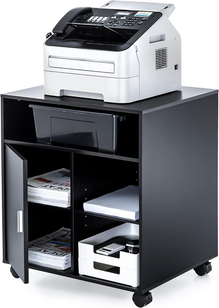 Printer Stand with Storage Adjustable Shelves, Wood Mobile Cart with Door, Rolli