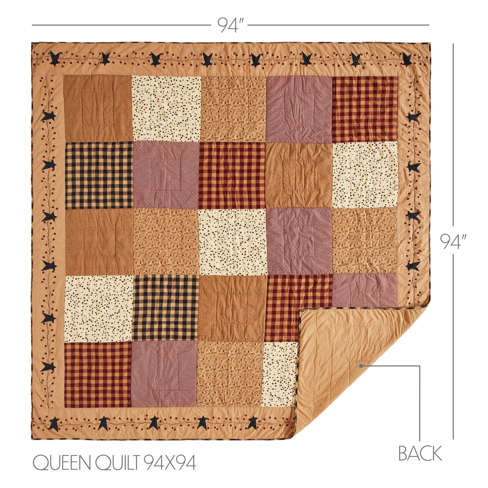 Primitive Queen Quilt Set Tan Pip Vinestar Cotton VHC Brands gallery