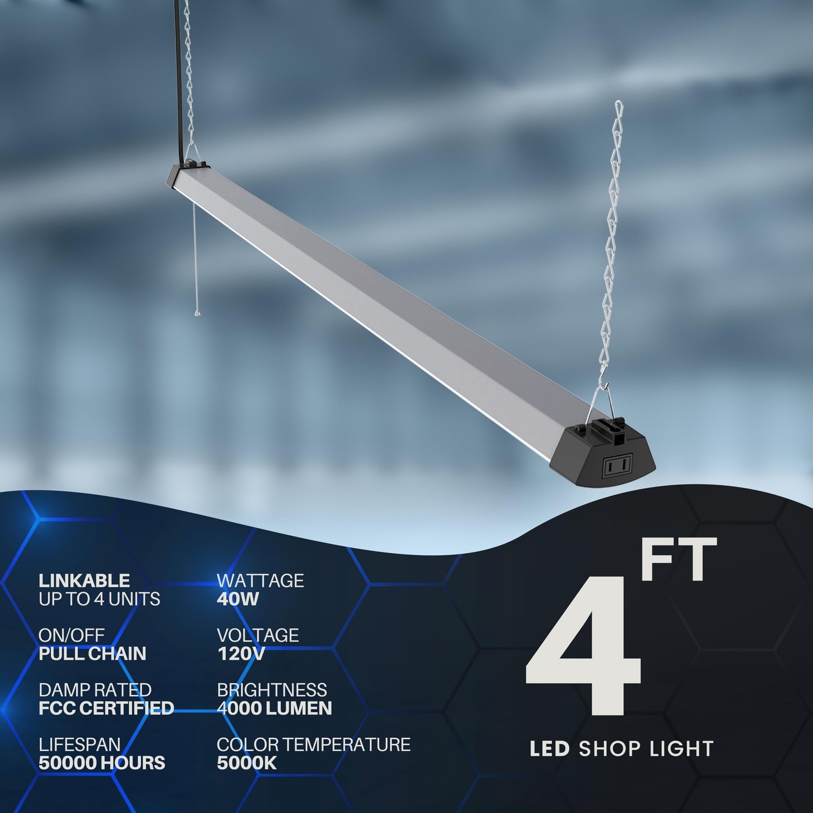 DYMOND 4FT 40W Wraparound LED Shop Light Fixture with Pull Wraparound, White gallery