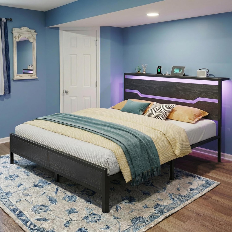 King Size Bed Frame with LED Lights & Charging Station, King Bed Frame and Headb gallery