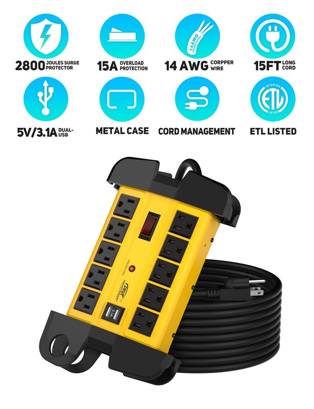 CRST 9FT Surge Protector Power Strip 4050Joules, with USB(3.1A) Ethernet,Cable gallery