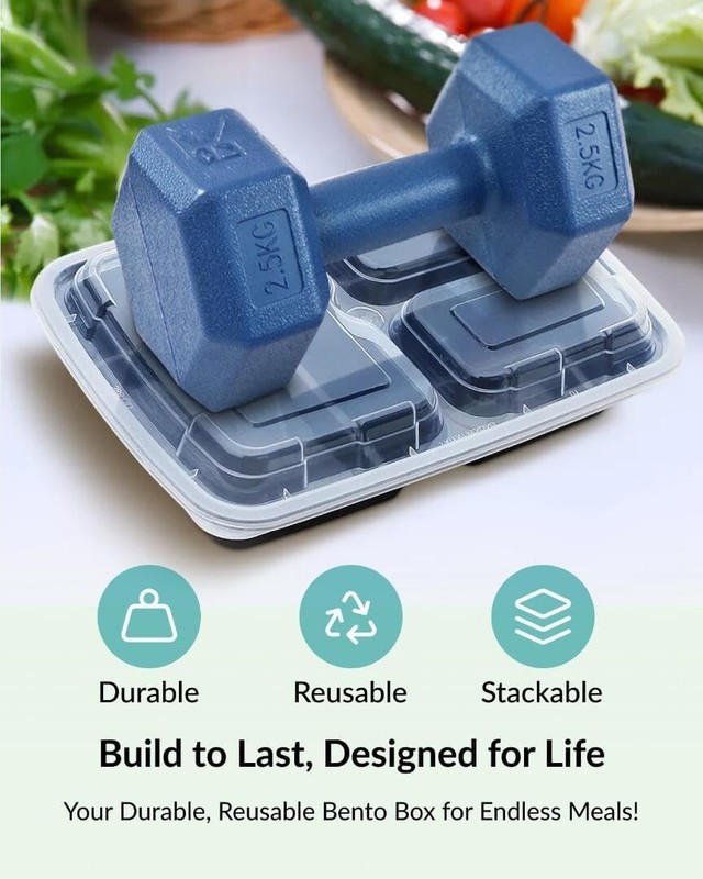 Enther Meal Prep Reusable Containers 36oz, 3 Compartment with Lids, [12 Pack] gallery