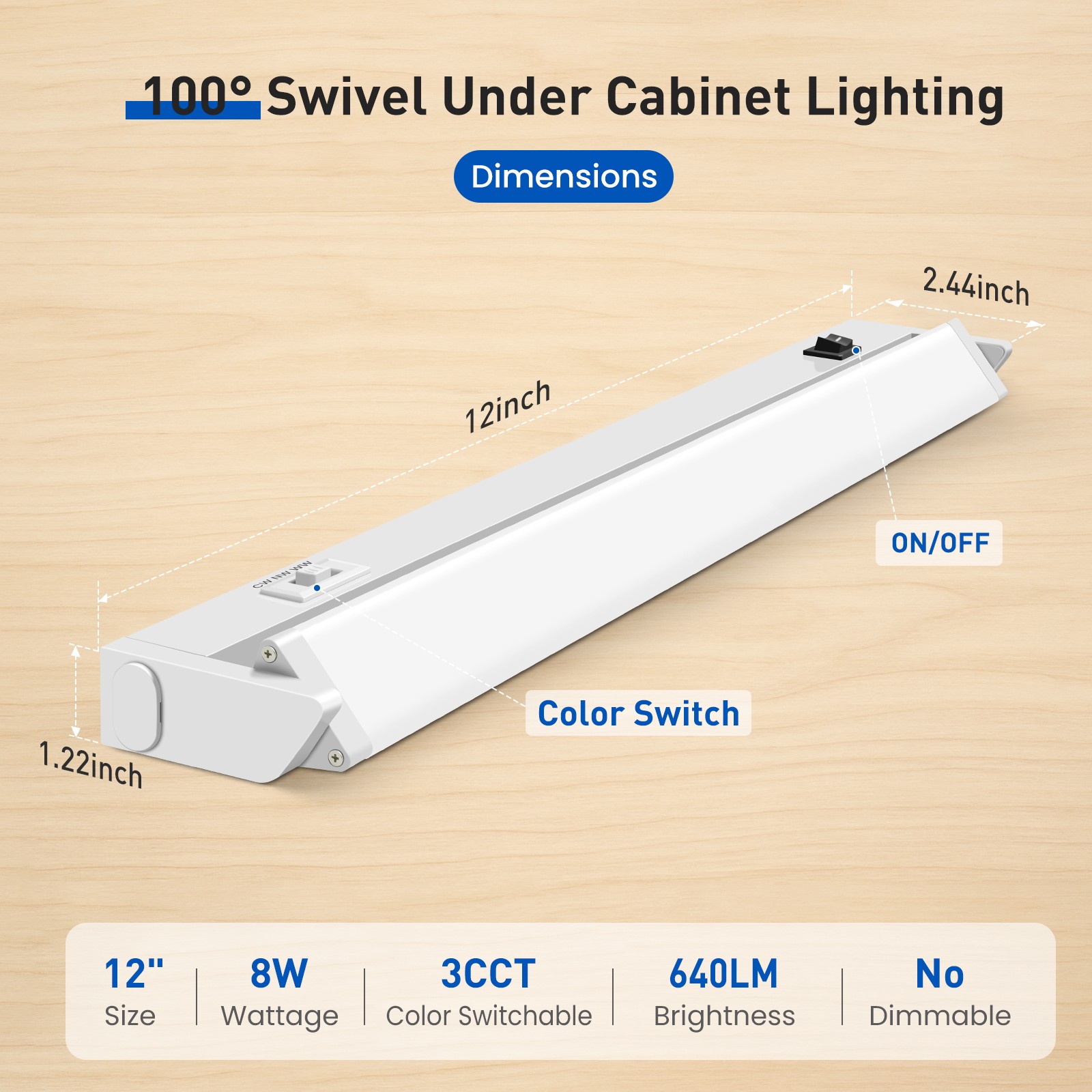 2x LED Under Cabinet Light 3CCT Rotatable Kitchen Closet Lights 12/18/22/24 Inch gallery
